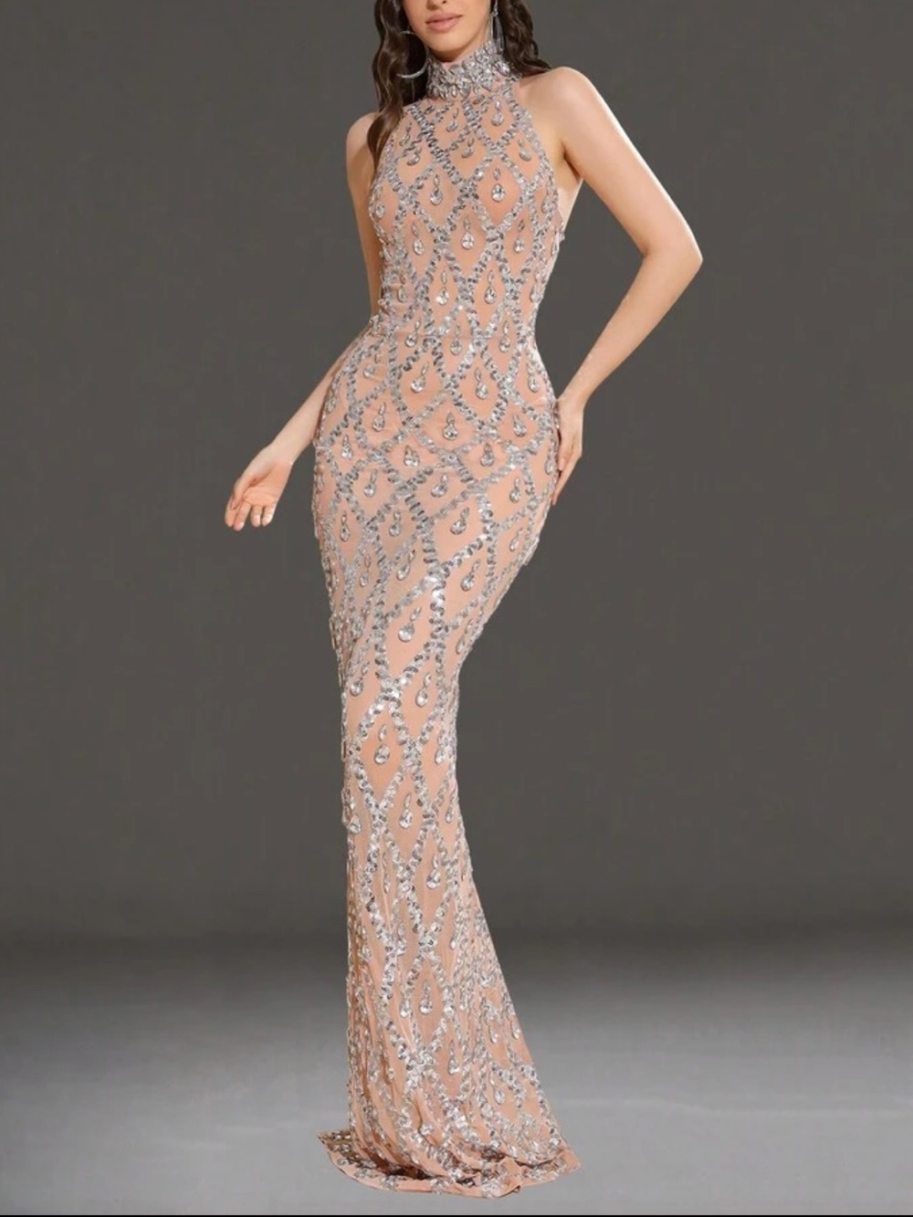 High-Neck Sequin Maxi Dress in Blush Pink